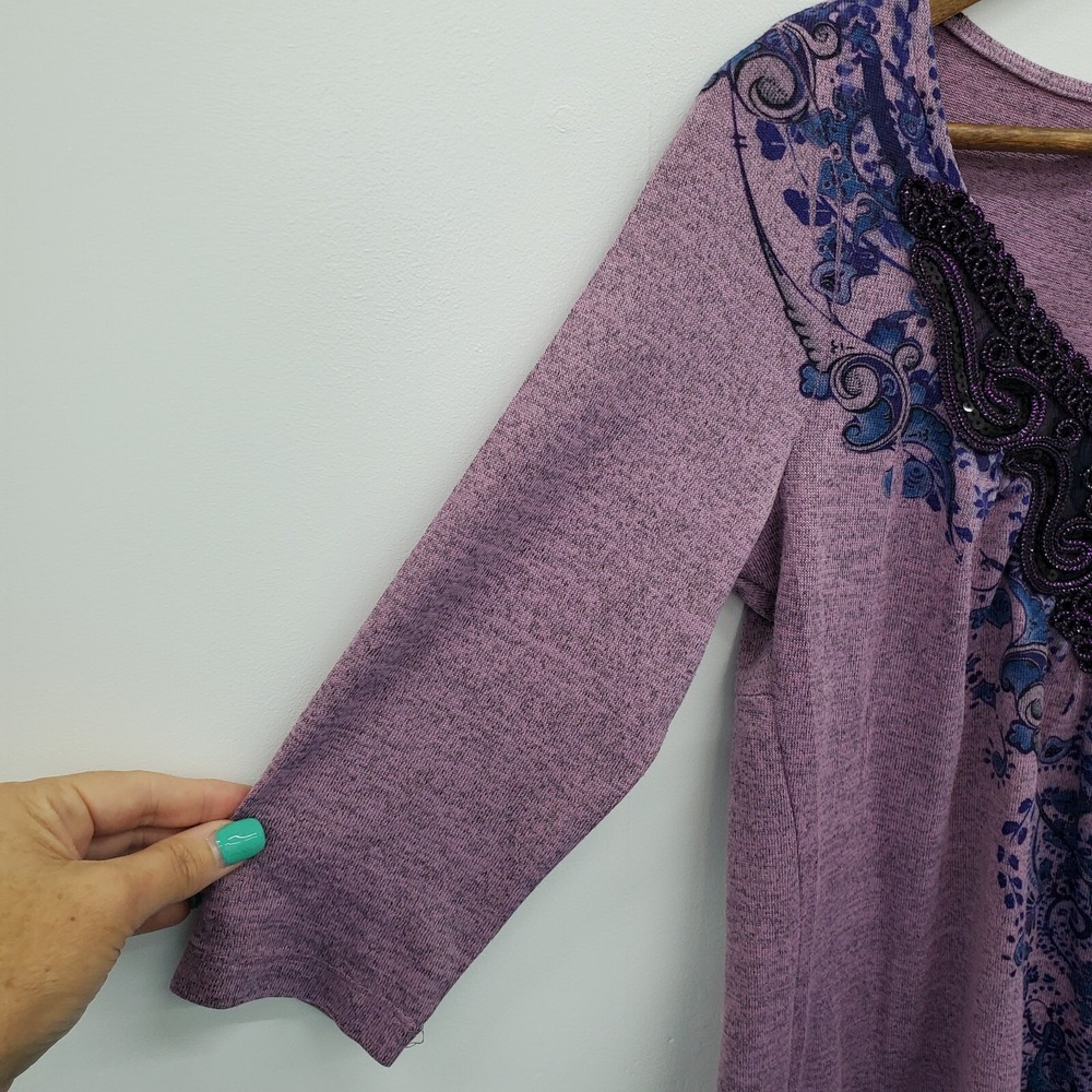 Live and Let Live Womens S Purple Paisley Embellished 3/4 Sleeve Boho Top - Picture 8 of 14